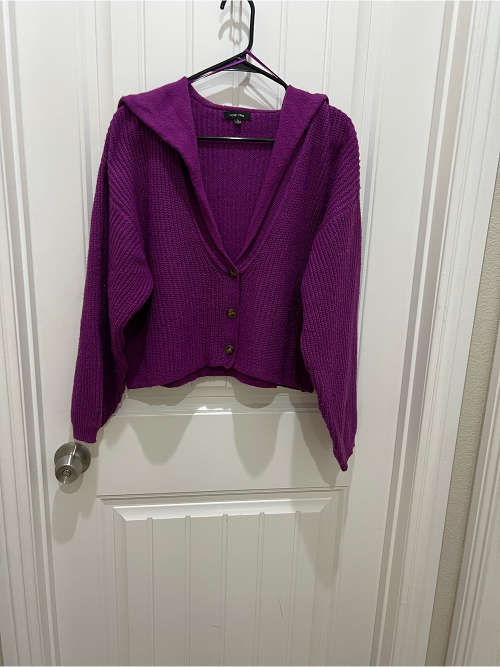 Love Tree Hooded Button-Up Cardigan in Vibrant Purple